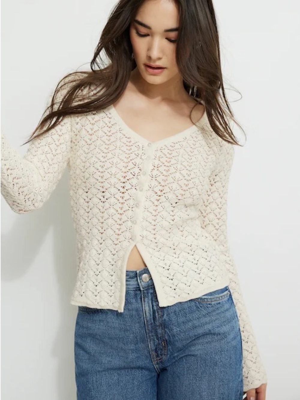 Dynamite Ivory Open-Knit V-Neck Button Cardigan Sweater - 100% Cotton